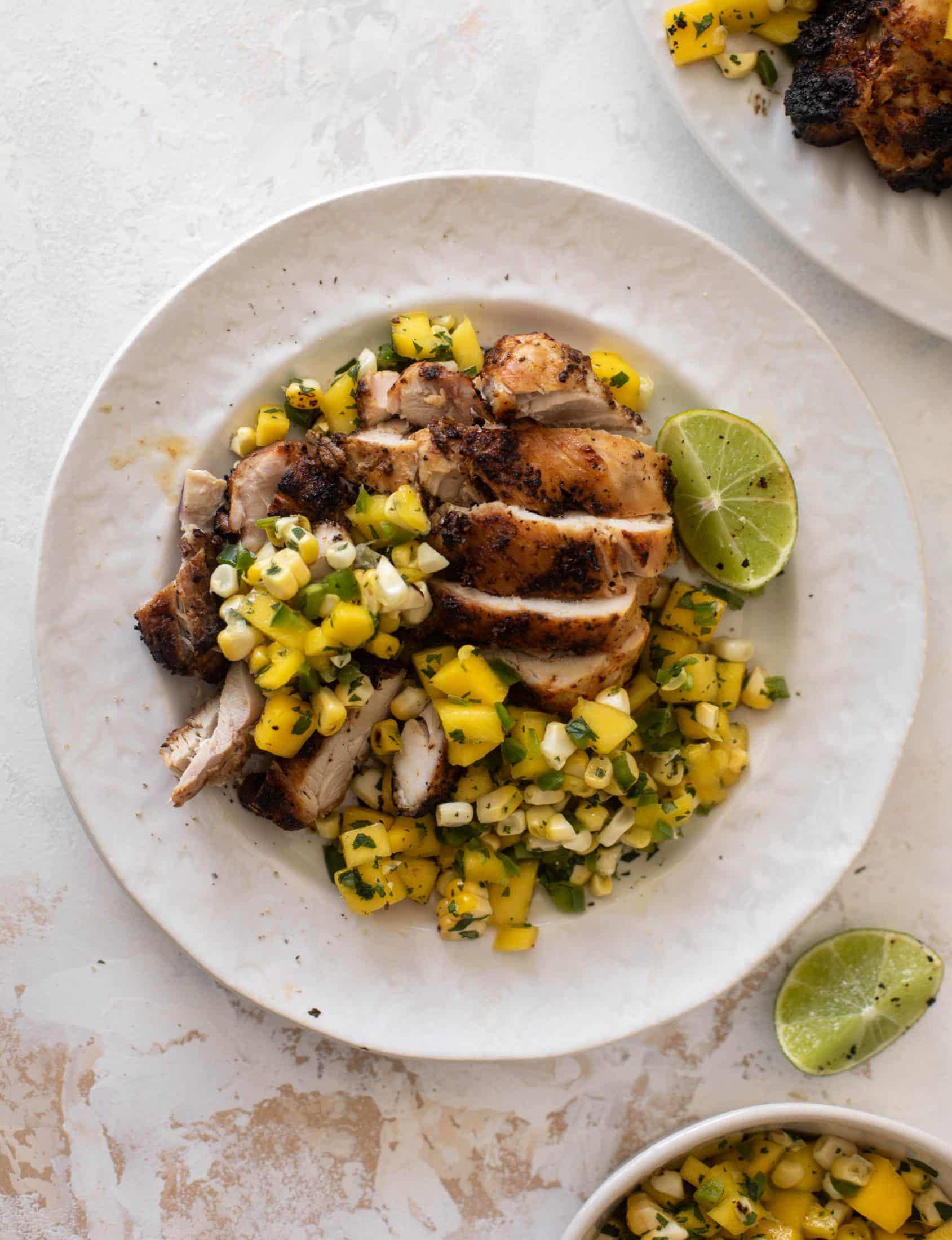 chili lime chicken thighs with mango corn salsa