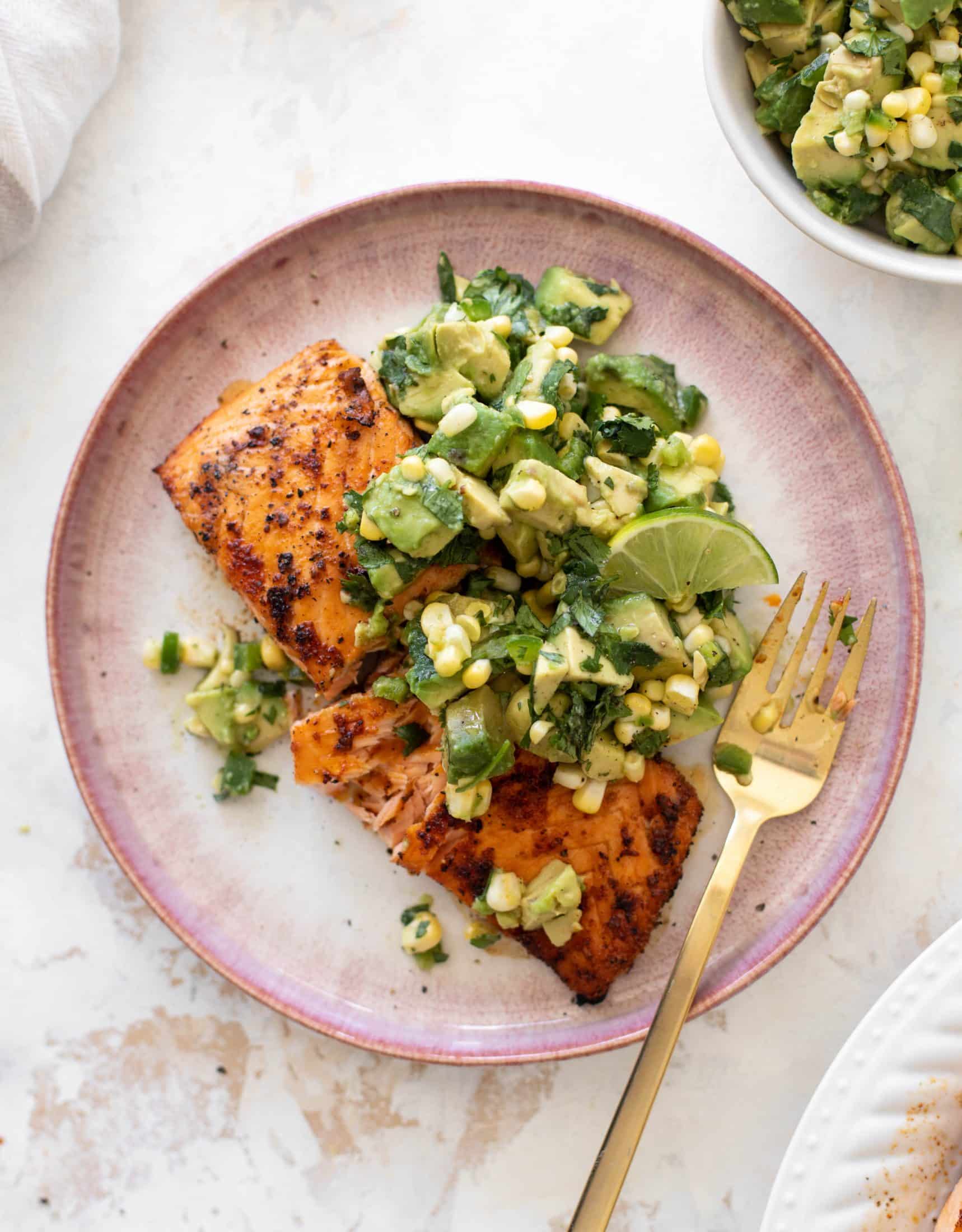 grilled salmon with avocado corn salsa