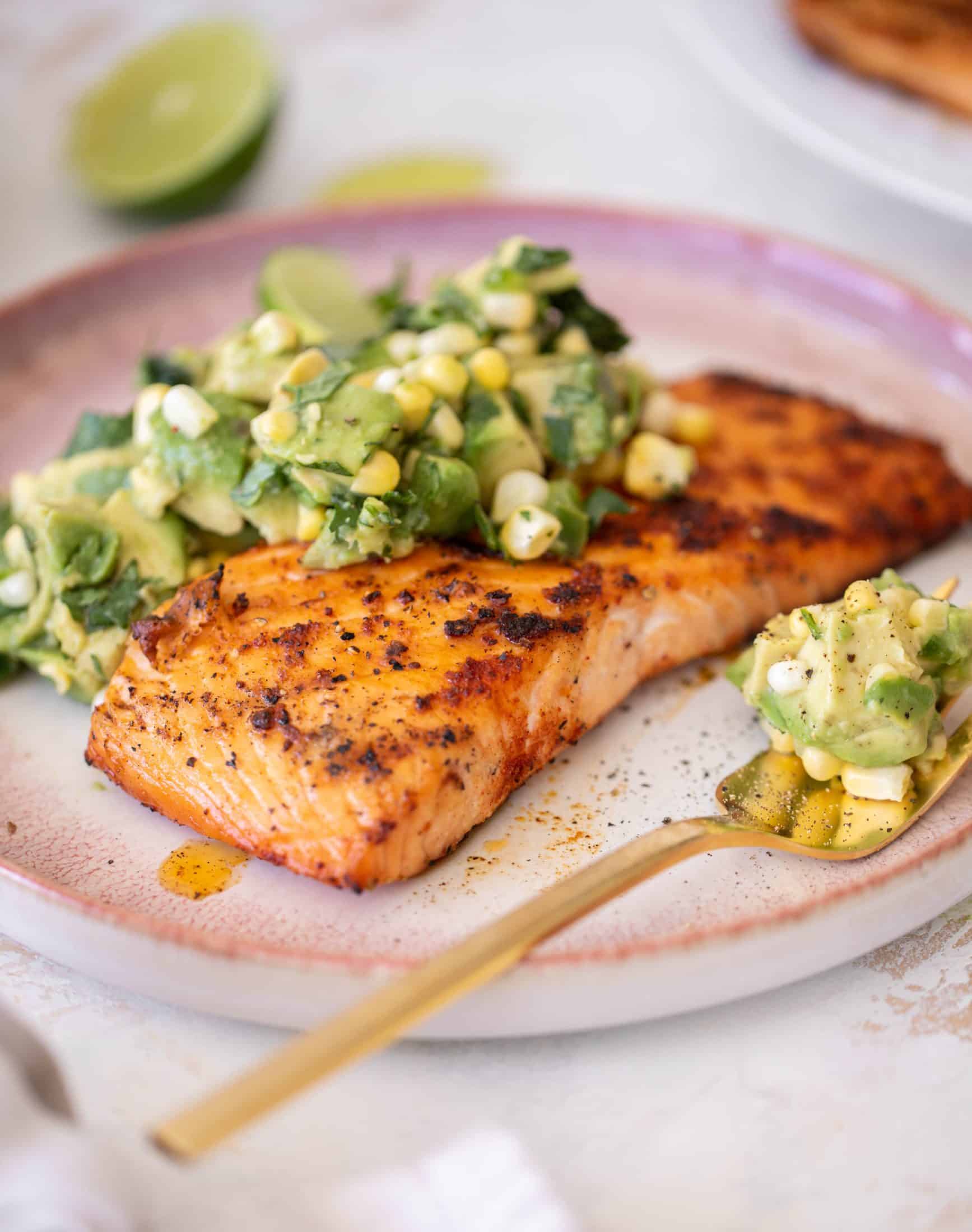 grilled salmon with avocado corn salsa
